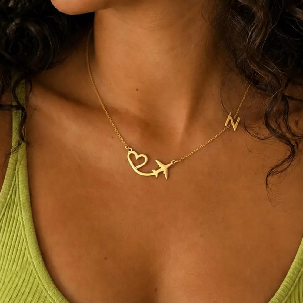 Custom Name Necklace Stainless Steel - Gepersonaliseerde hartvormige vliegtuig-hanger met initialen voor