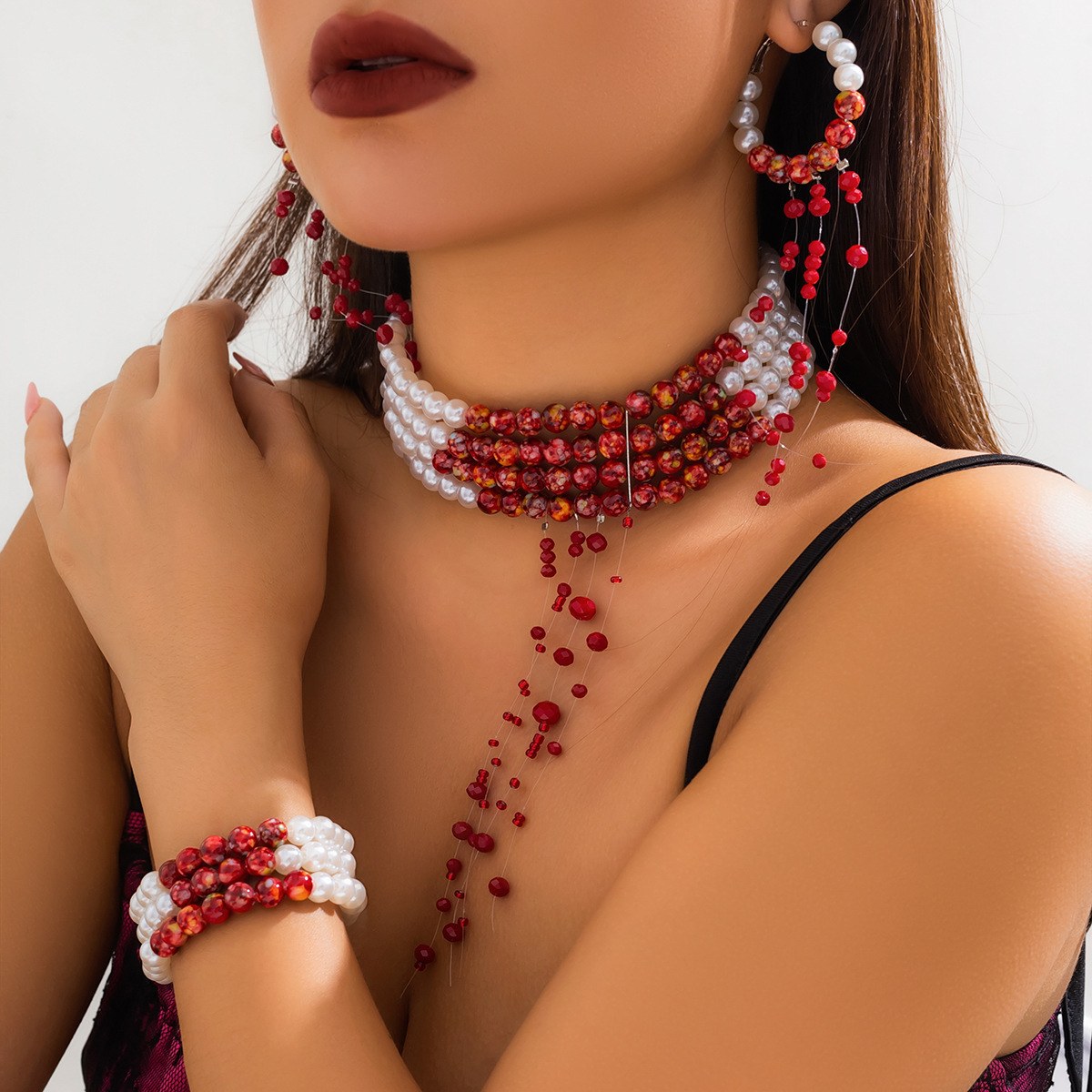 Pearl Choker Necklace Vintage - Meerlagige Vintage Rood Bloed Patroon Imitatie