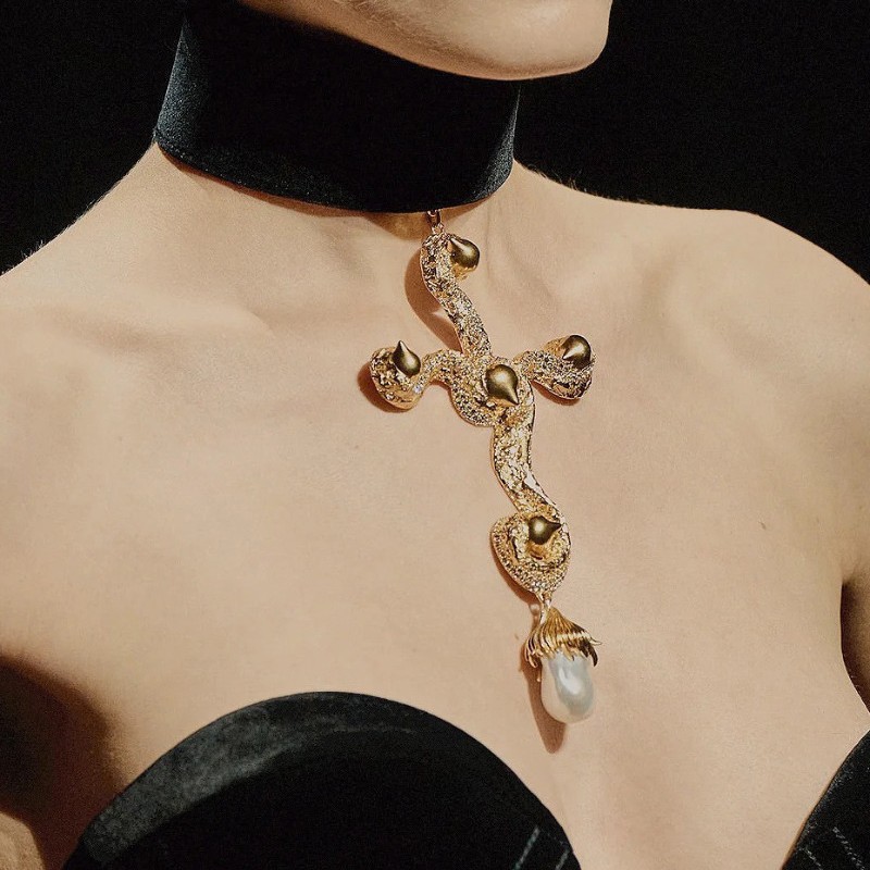 Pearl Choker Necklace Vintage - Vintage overdreven barokke parel kruis hanger