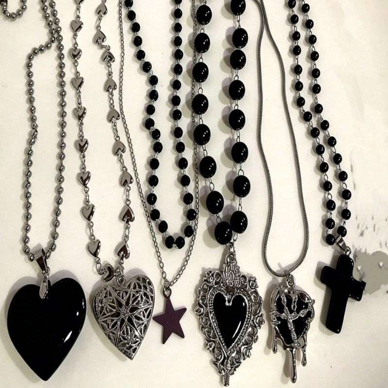 Layered Pendant Necklace Aesthetic - 6-delige gotische gelaagde kettingset, zwarte massieve