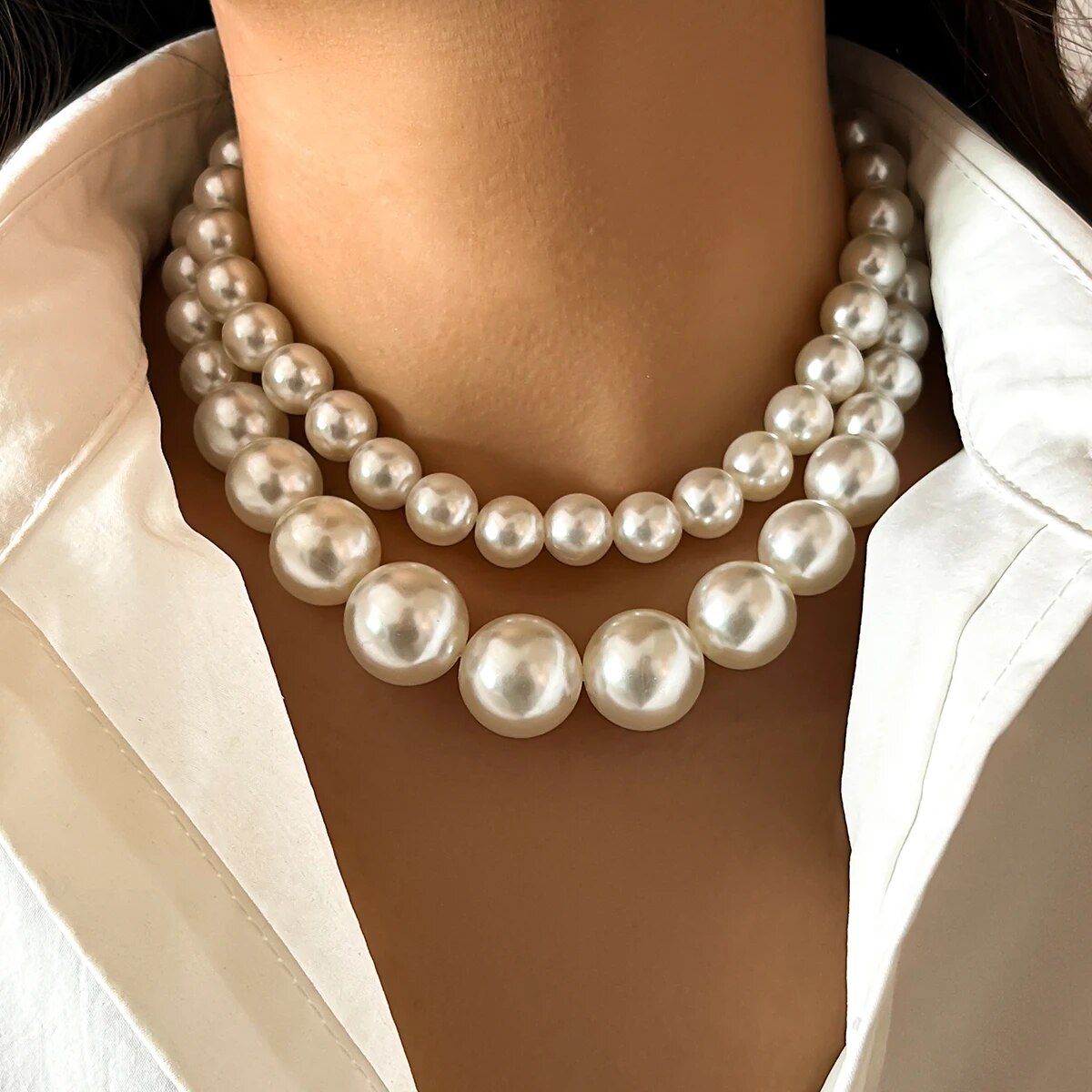 Pearl Choker Necklace Vintage - 2 stks/set Overdreven Grote Imitatie Parel