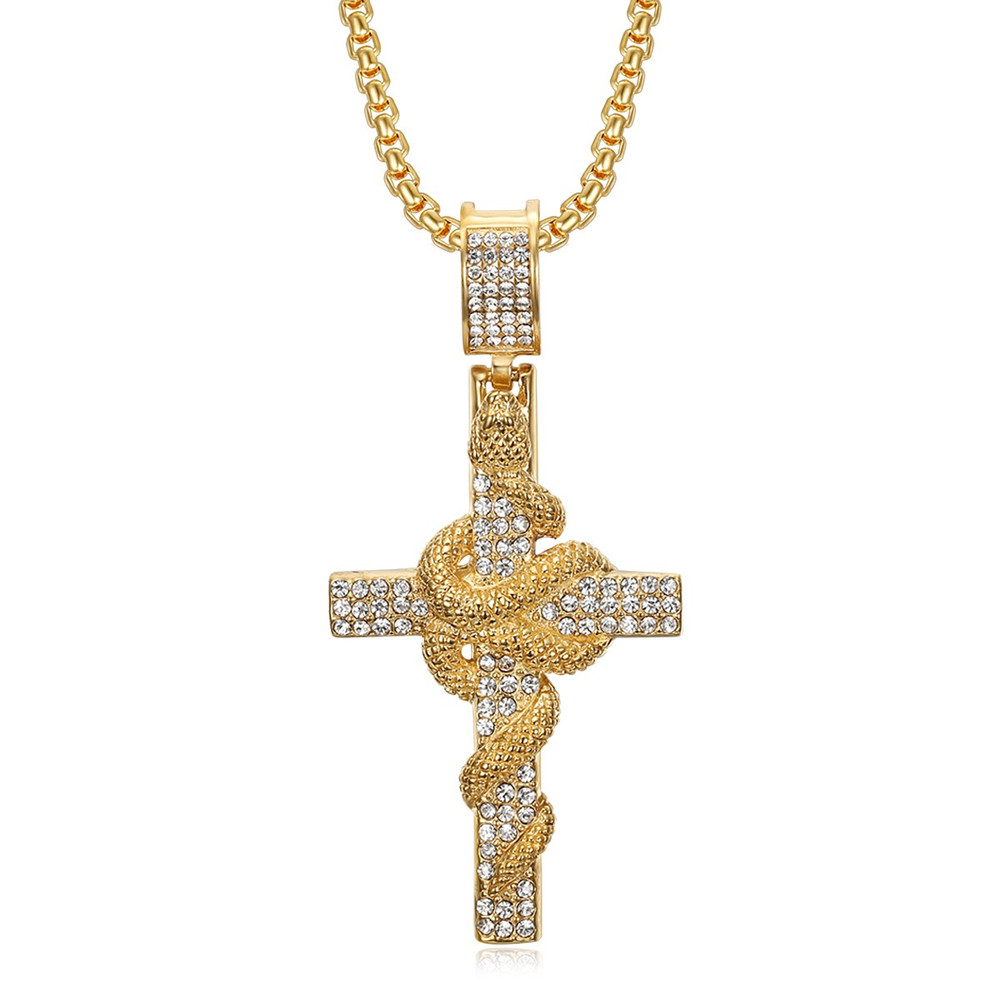 Cross Pendant Necklace Gold - Slangpatroon gesneden roestvrijstalen kruishangerkettingen voor mannen