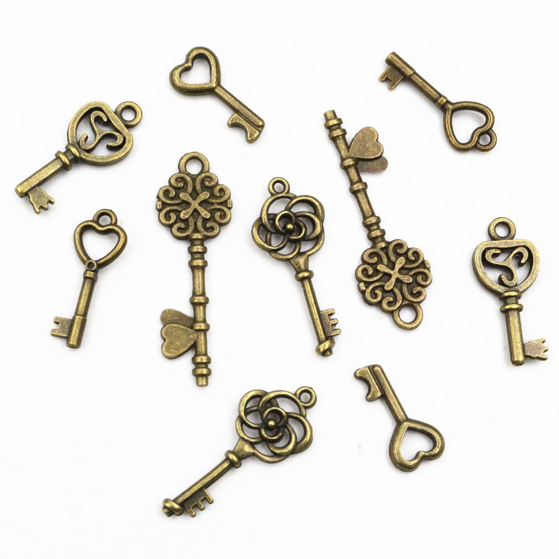 Heart Locket Necklace Photo - 40Pcs Key Bedels Hangers Antiek Brons