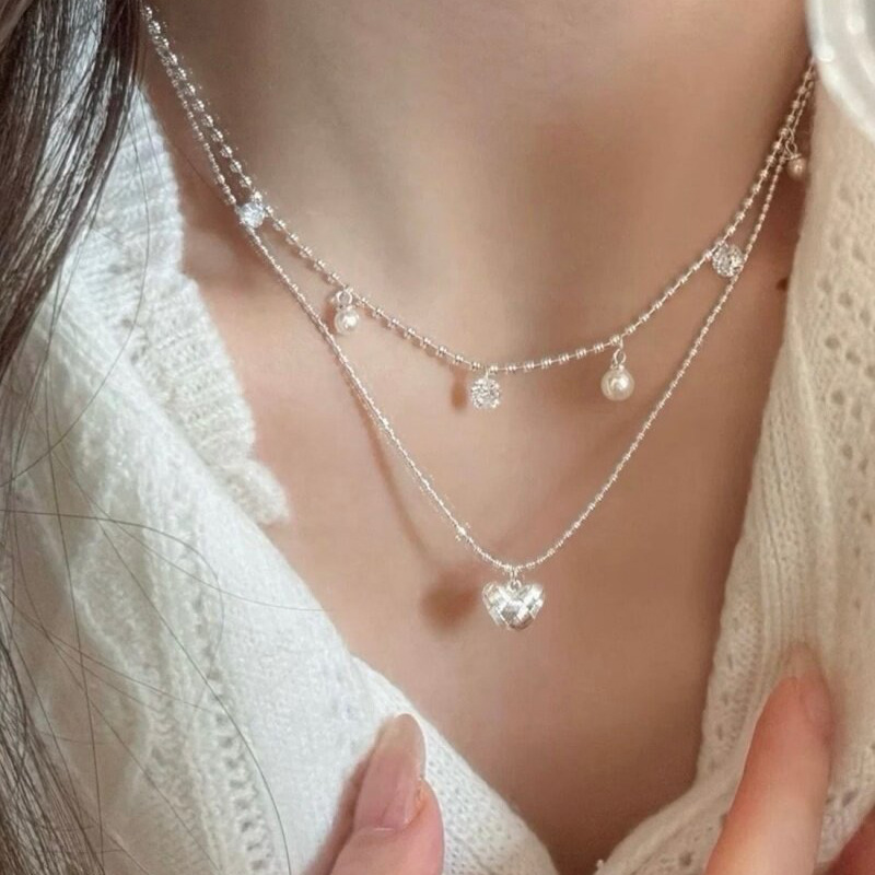 Layered Pendant Necklace Aesthetic - Dubbellaagse zilveren kralen choker met klein