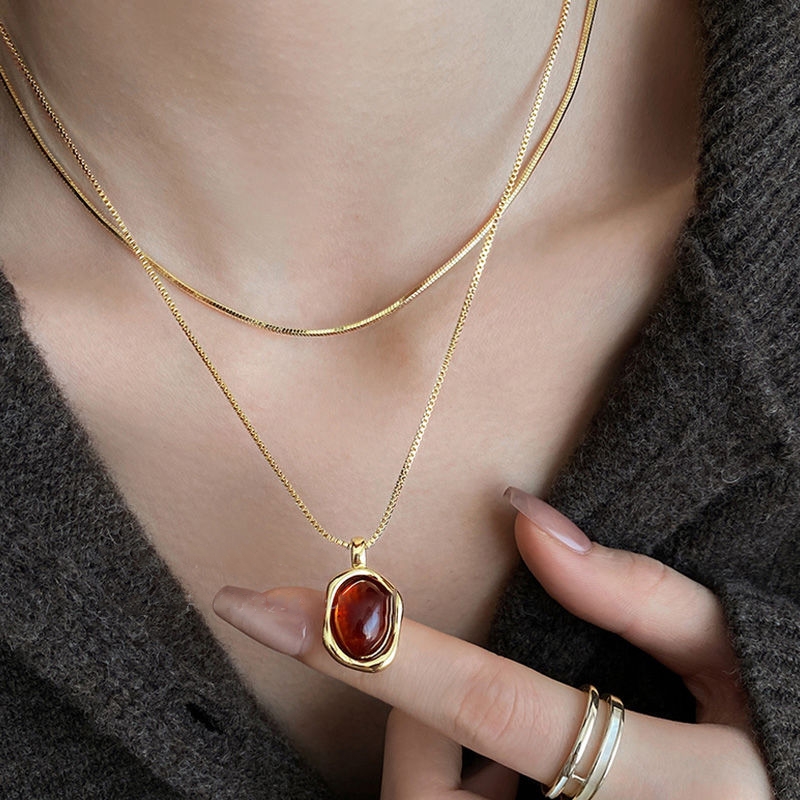 Layered Pendant Necklace Aesthetic - Fashion Vintage Dubbellaags Natuursteen Hangers Kettingen