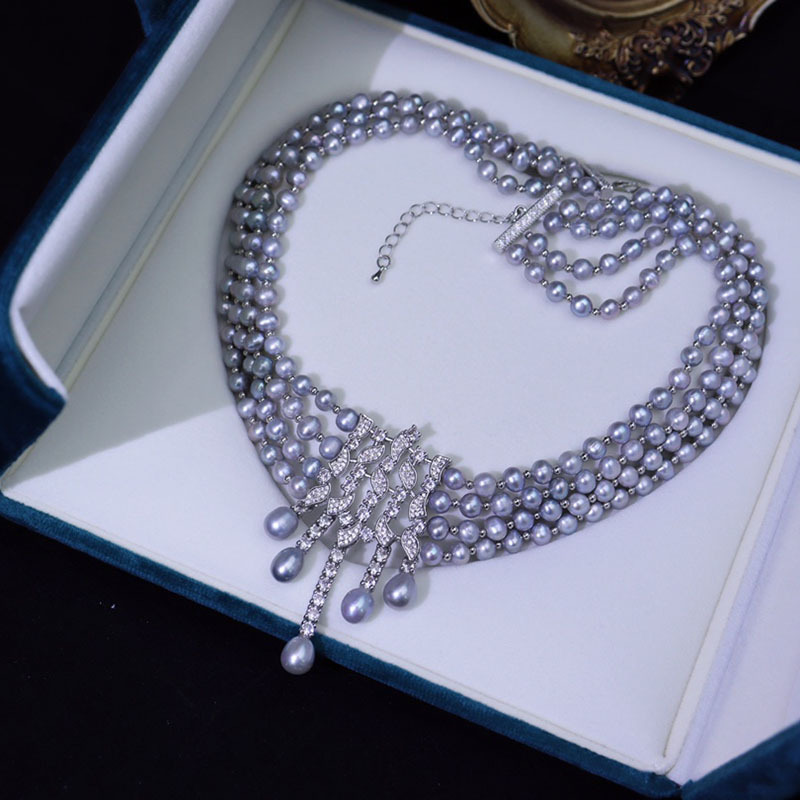Pearl Choker Necklace Vintage - Zoetwaterparelketting, vintage drielaagse luxe design choker,