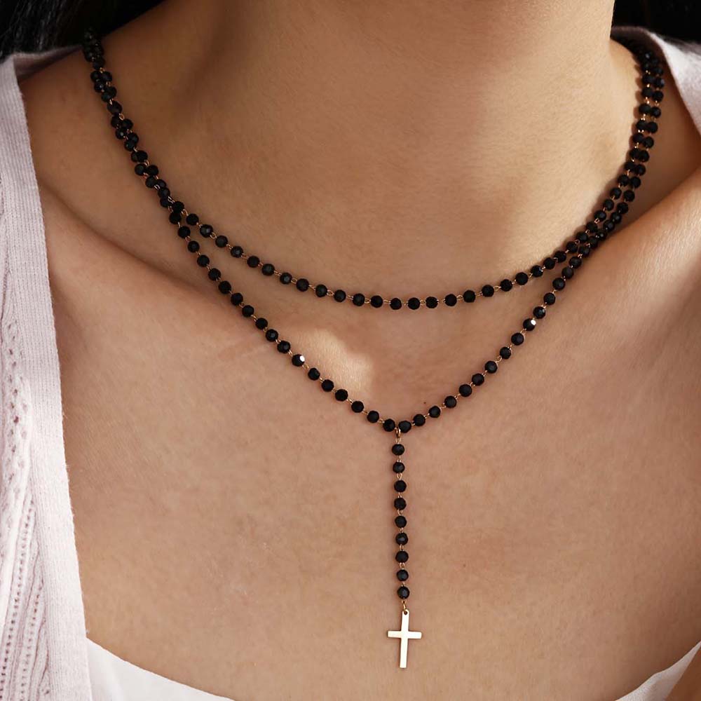 Layered Pendant Necklace Aesthetic - Gotische dubbellaagse zwarte kristallen kralen Y-ketting