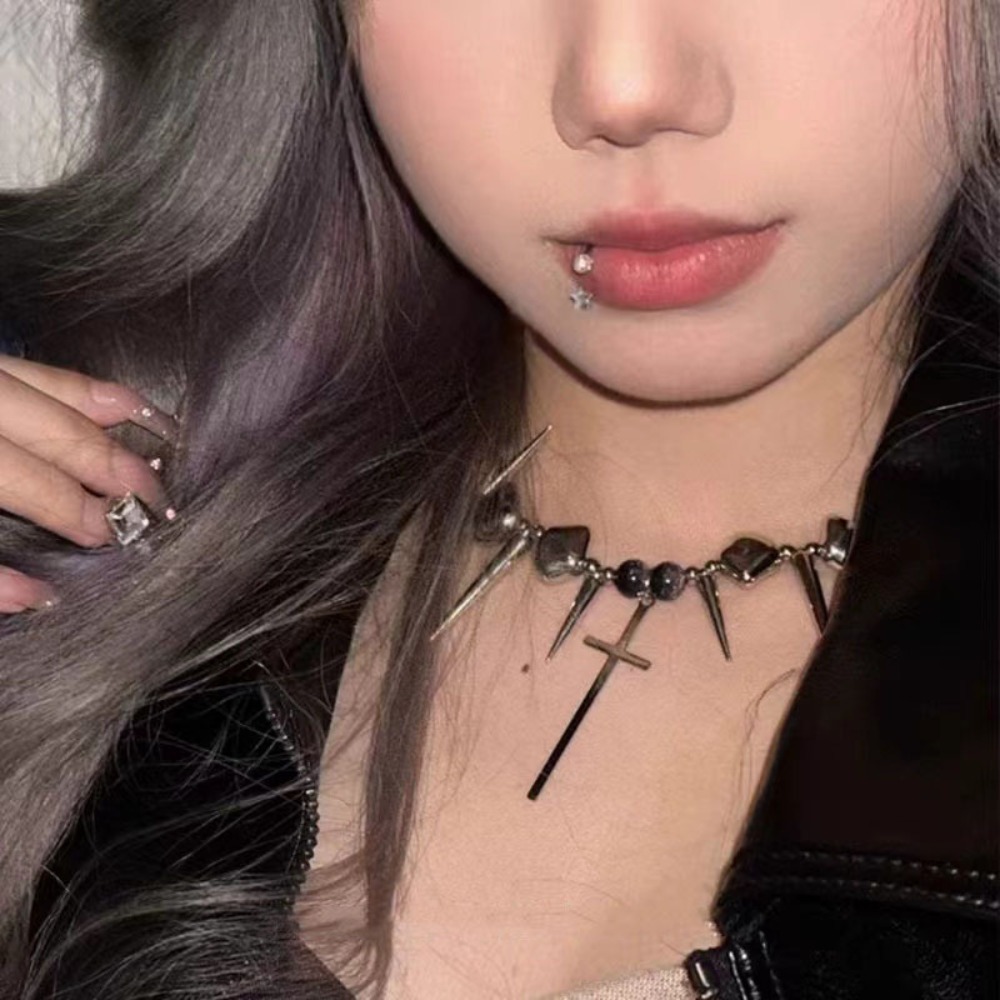 Goth Punk Spike Choker - Y2k Subcultuur Spike Cross Rivet Kwastje