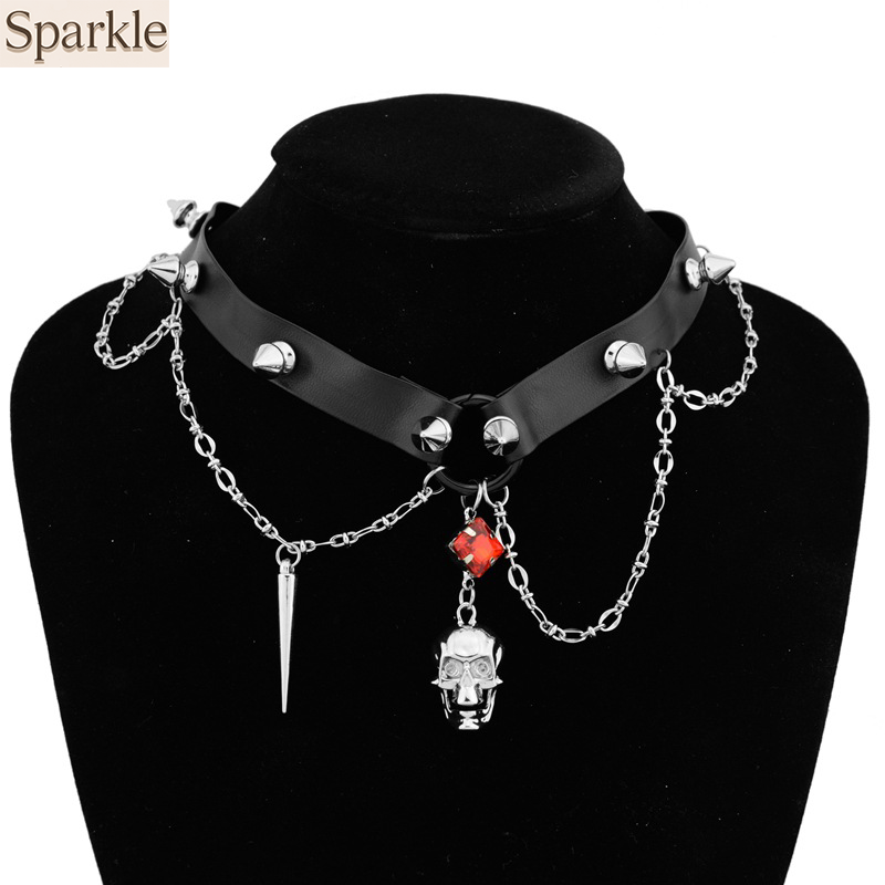 Donkere schedel lederen choker - Goth Punk Spike Choker recensie en prijs