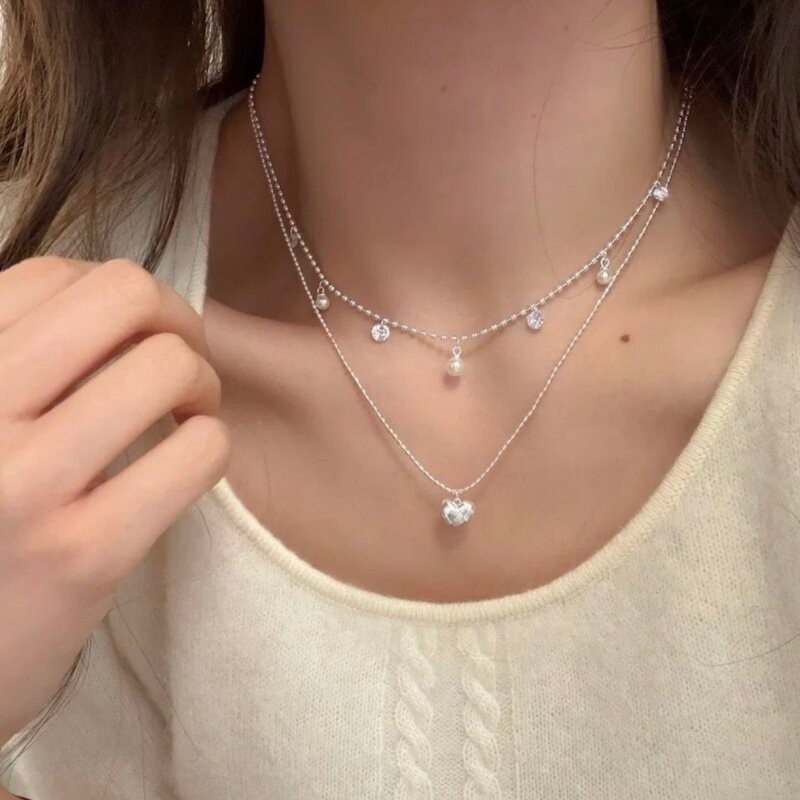 Dubbellaagse zilveren kralen c - Layered Pendant Necklace Aesthetic recensie en prijs